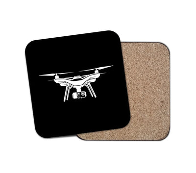 Drone Silhouette aviation design on cork-backed wood with print coaster.