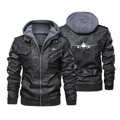 Airbus A320 Silhouette aviation design printed on genuine leather with detachable hood hooded leather jacket.