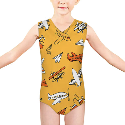Super Drawings of Airplanes aviation print on kids quick-dry fabric swimsuit.