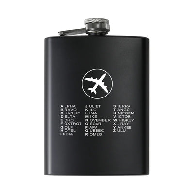 Aviation Alphabet 2 aviation design on stainless hip flask, compact pocket-size flask.