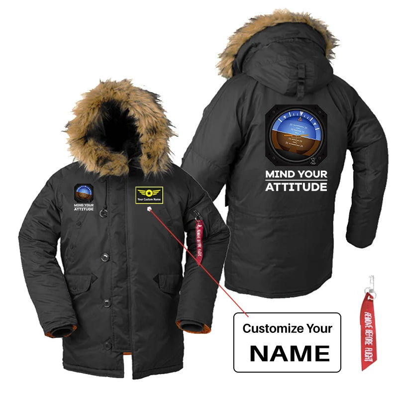 Mind Your Attitude aviation design printed on heavyweight shell with hooded warmth parka bomber.