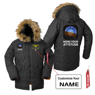 Mind Your Attitude aviation design printed on heavyweight shell with hooded warmth parka bomber.
