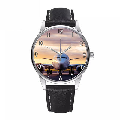 Side view of Face to Face with Boeing 737-800 During Sunset aviation watch with leather strap in leather strap, polished fini.