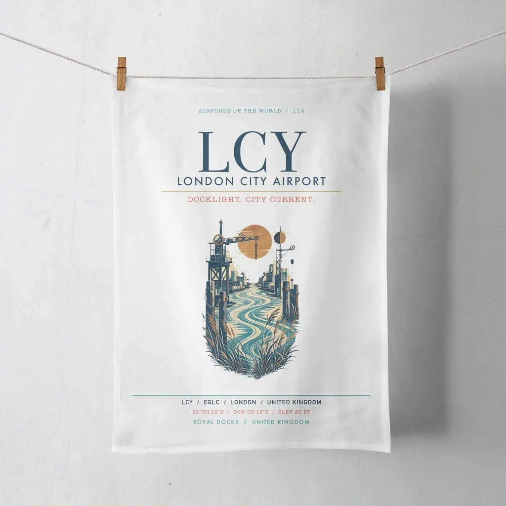 London City Airport (LCY) design on white towel