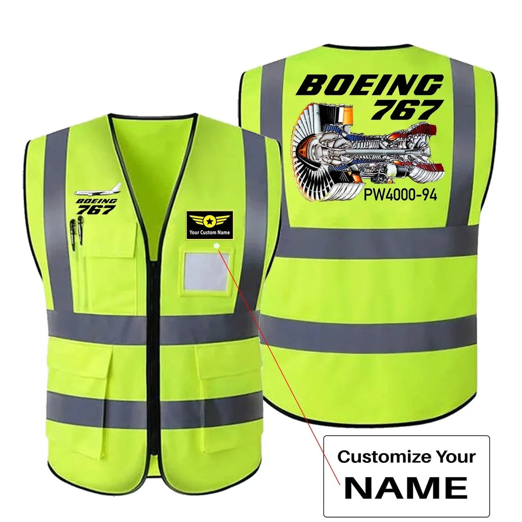 Boeing 767 Engine (PW4000-94) aviation design printed on high-visibility reflective fabric reflective vest.