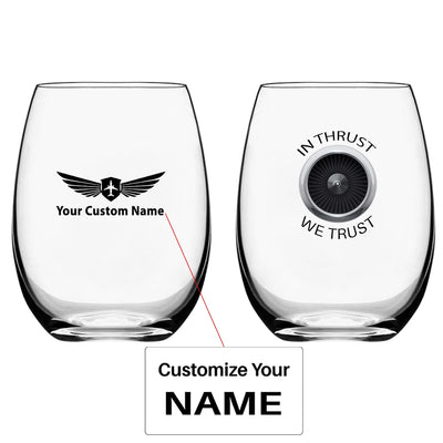 In Thrust We Trust Water & Drink aviation design on water glass, crystal-clear premium glassware.