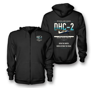 DHC-2 Beaver Mk I design on black premium zipped hoodie, double-side print