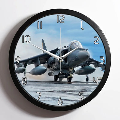 McDonnell Douglas AV-8B Harrier II aviation design on premium wood and metal wall clock.