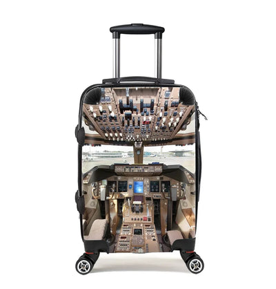 Boeing 747 Cockpit Cabin Size aviation print luggage, durable shell.