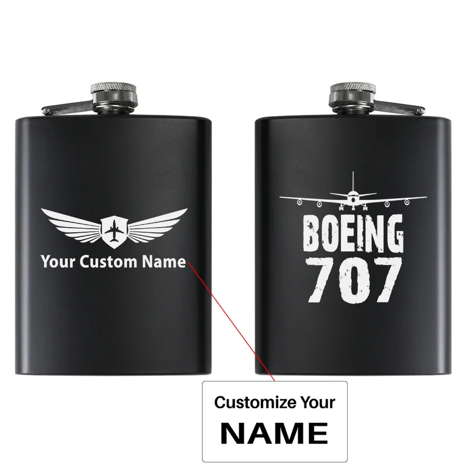 Boeing 707 & Plane aviation design on stainless hip flask, compact pocket-size flask.