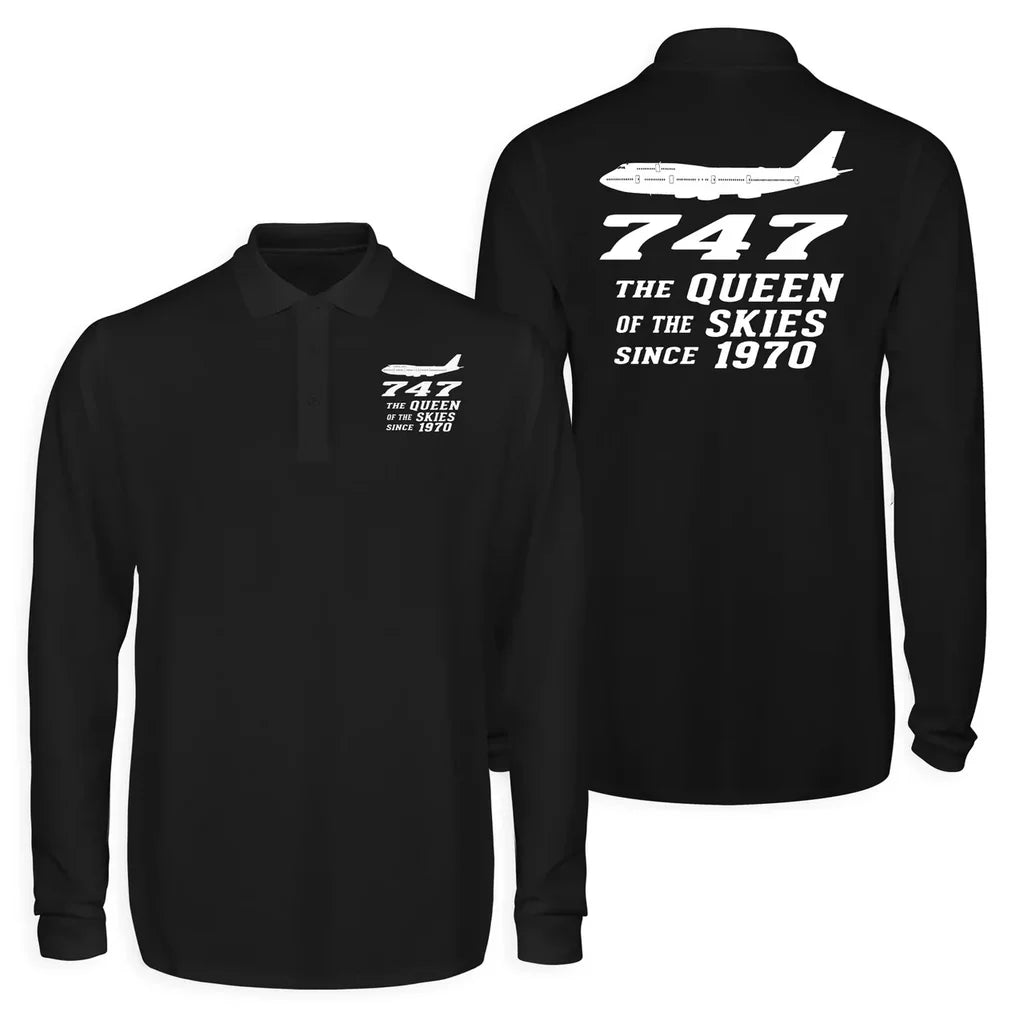 Boeing 747 - Queen of the Skies (2) Long Sleeve Polo T-Shirts (Double-Side) aviation design printed on soft cotton long-sleev.