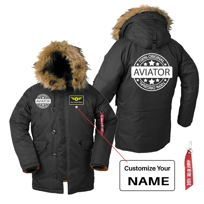 100 Original Aviator aviation design printed on heavyweight shell with hooded warmth parka bomber.