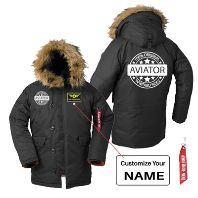 100 Original Aviator aviation design printed on heavyweight shell with hooded warmth parka bomber.