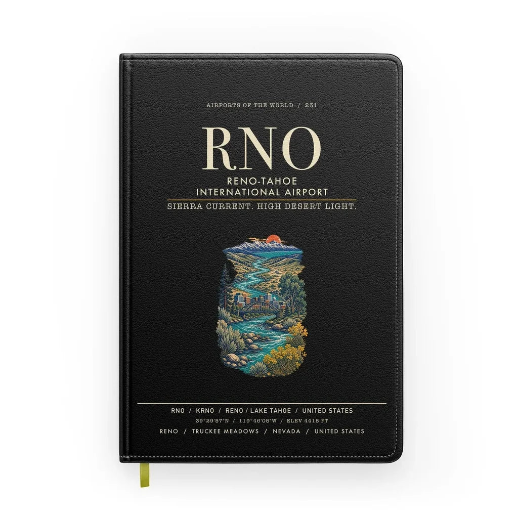 Reno-Tahoe International Airport (RNO) design on black notebook