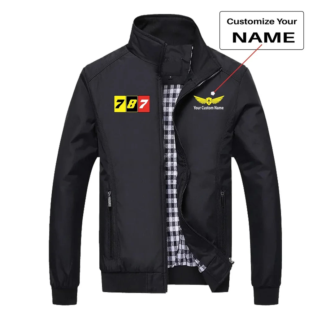 Flat Colourful 787 aviation design printed on modern shell with tailored fit stylish jacket.