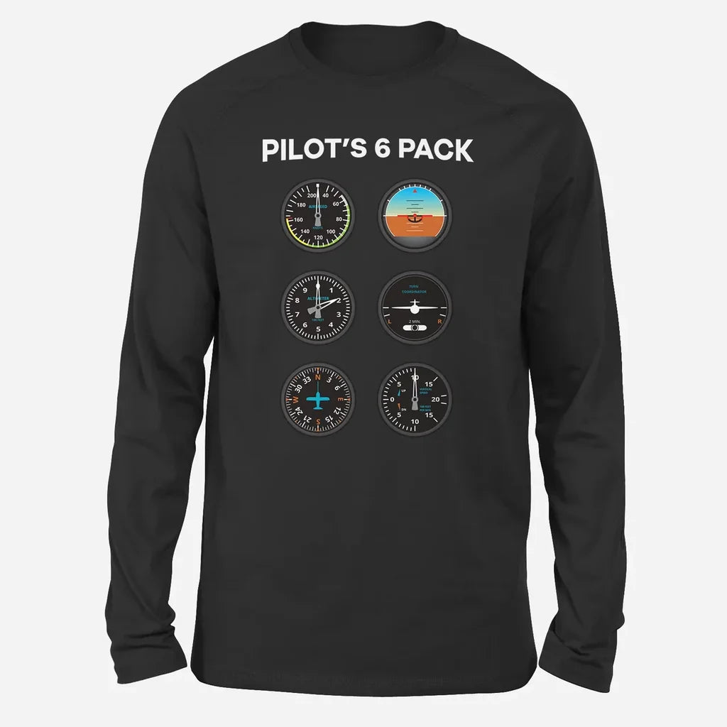 Pilot's 6 Pack Long-Sleeve aviation design printed on soft cotton long-sleeve T-shirt.