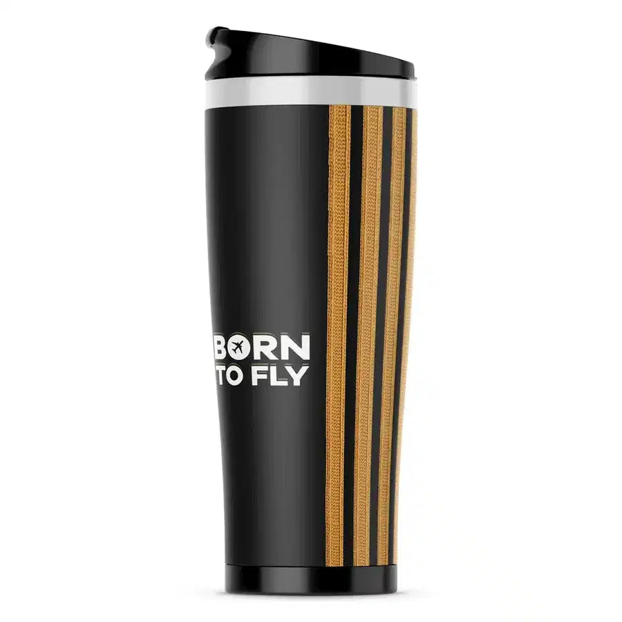Born To Fly & Pilot Epaulettes (4 Lines) aviation design on travel mug no-holder, insulated double-wall.