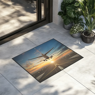 Airplane over Runway Towards the Sunrise aviation design on durable fibre with non-slip backing door mat.