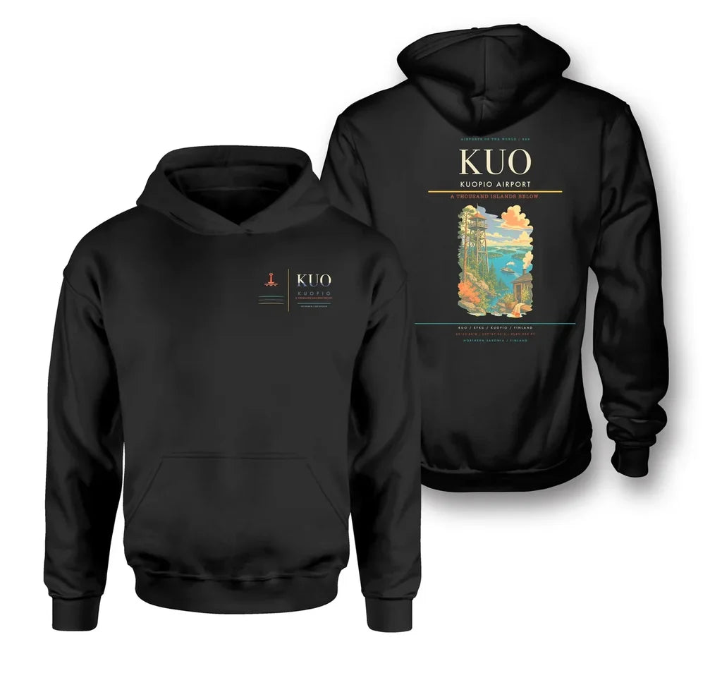 Kuopio Airport (KUO) design on black double-side hoodie