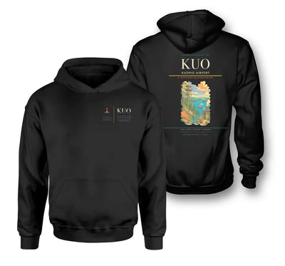 Kuopio Airport (KUO) design on black double-side hoodie