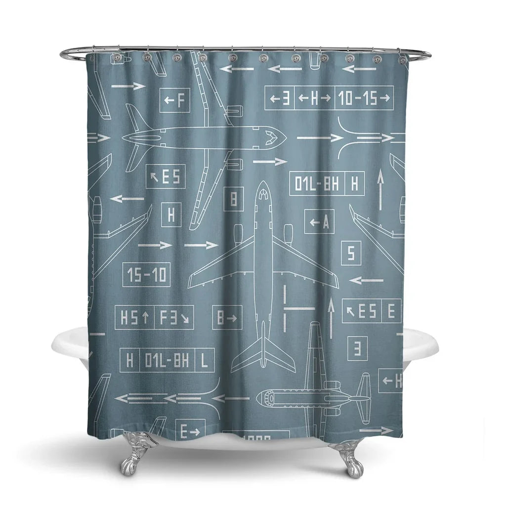 Jet Planes & Airport Signs aviation design on waterproof polyester shower curtain.