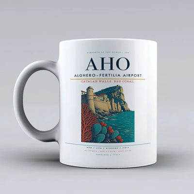 Alghero–Fertilia Airport (AHO) airport code design on white ceramic mug