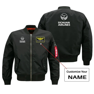 Sichuan Airlines aviation design with custom name embroidered on black bomber jacket