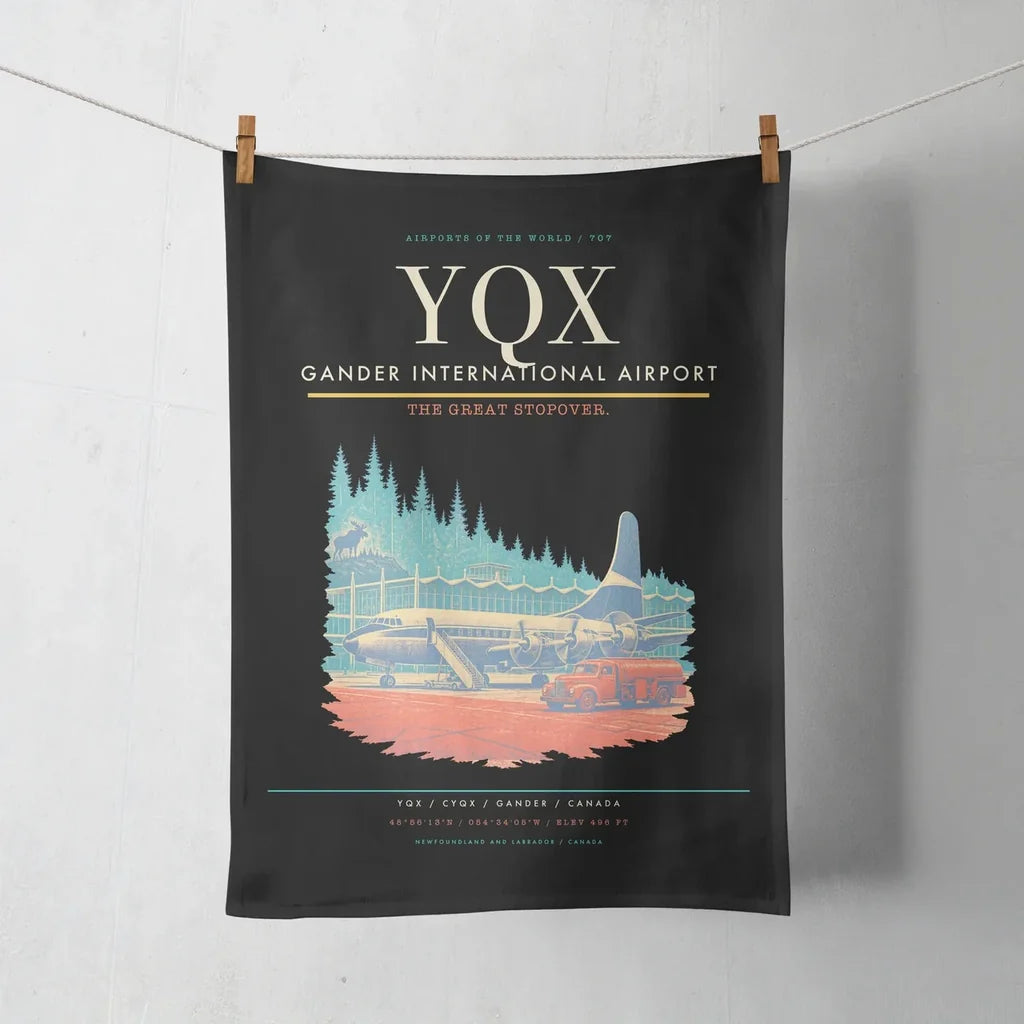 Gander International Airport (YQX) design on black towel