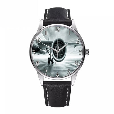 Super Cool Airliner Jet Engine aviation watch with leather strap, leather strap body with engraved detail.