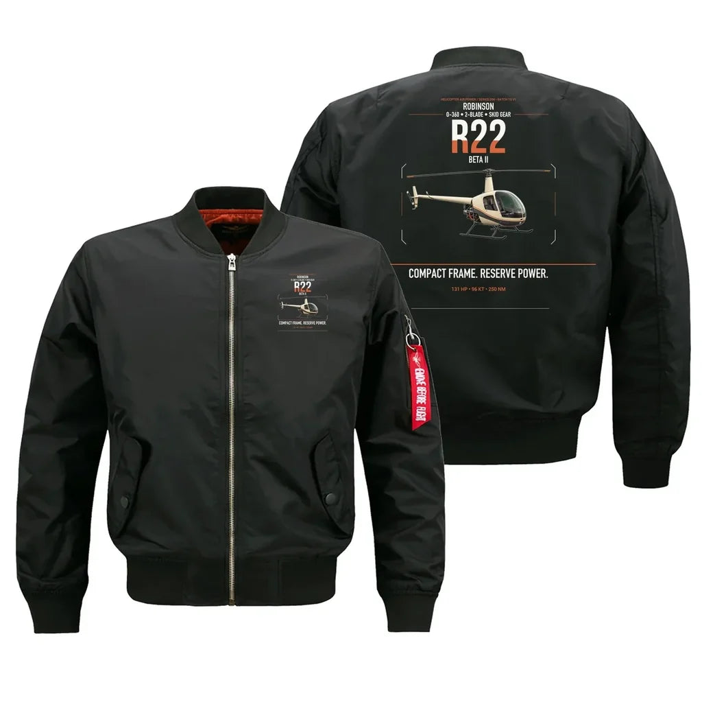 Robinson R22 Beta II design on black bomber jacket, double-side print