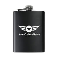 Thumbnail for Custom Name (Badge 4) aviation design on stainless hip flask, compact pocket-size flask.