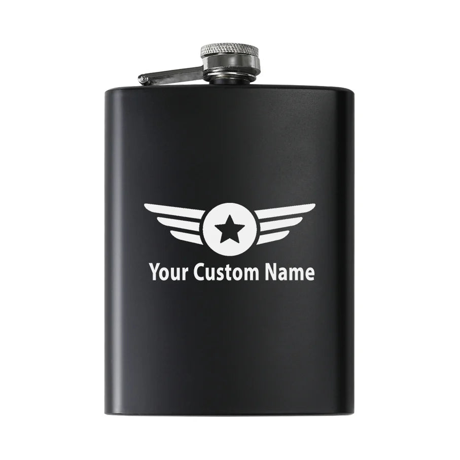 Custom Name (Badge 4) aviation design on stainless hip flask, compact pocket-size flask.