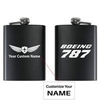 Thumbnail for Boeing 787 & Text aviation design on stainless hip flask, compact pocket-size flask.