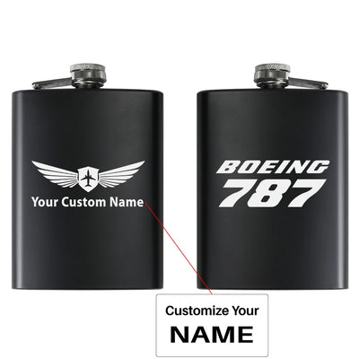 Boeing 787 & Text aviation design on stainless hip flask, compact pocket-size flask.