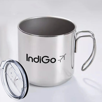 Indigo Airlines aviation design on portable mug, vacuum-insulated double-wall.