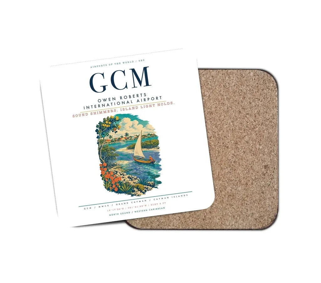 Owen Roberts International Airport (GCM) design on white 1 piece coaster