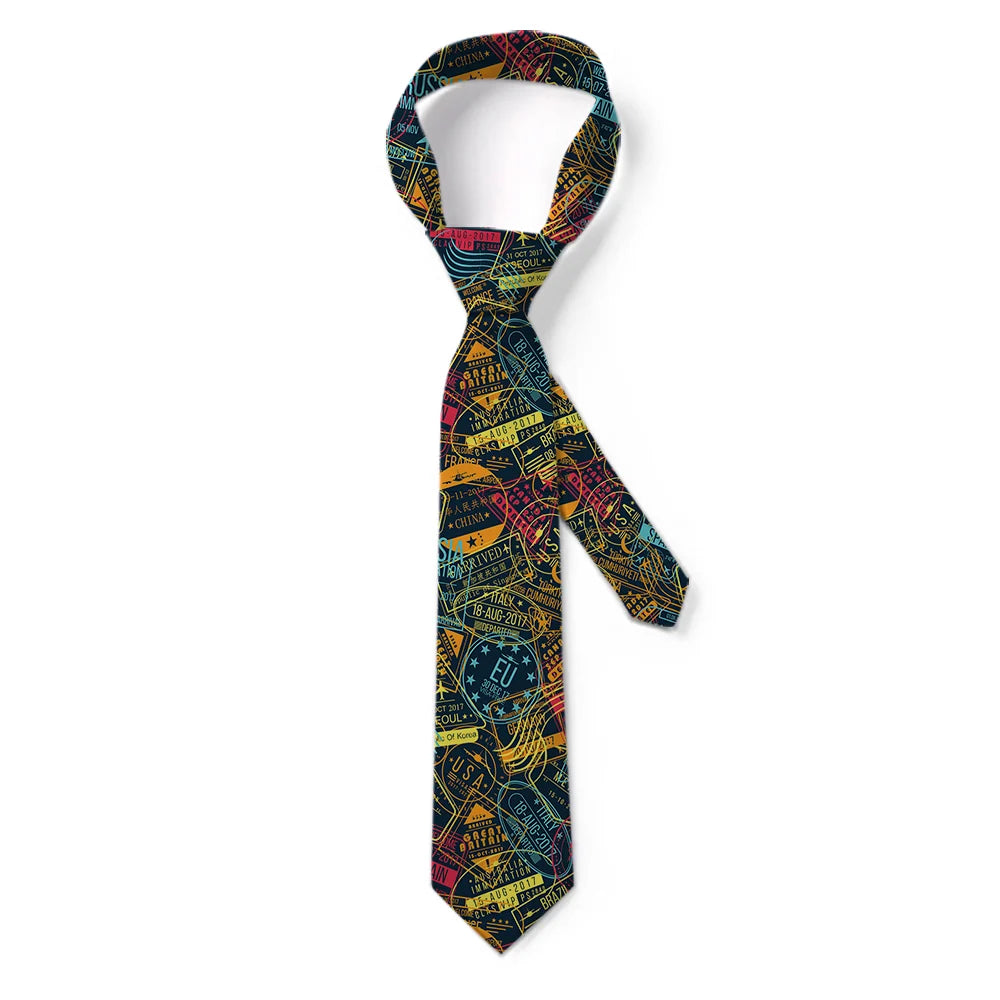 Dark Coloured Passport Stamps aviation design on premium silk blend tie.