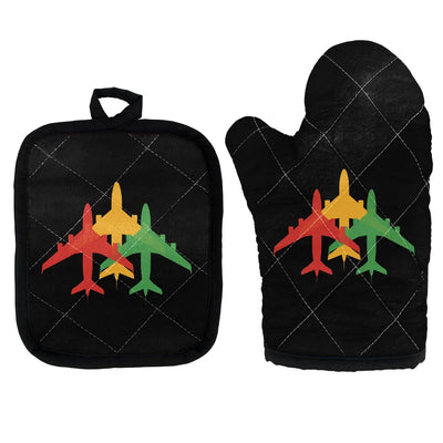 Colourful 3 Airplanes Kitchen Glove & Holder aviation design on durable fabric with insulated lining kitchen glove holder.