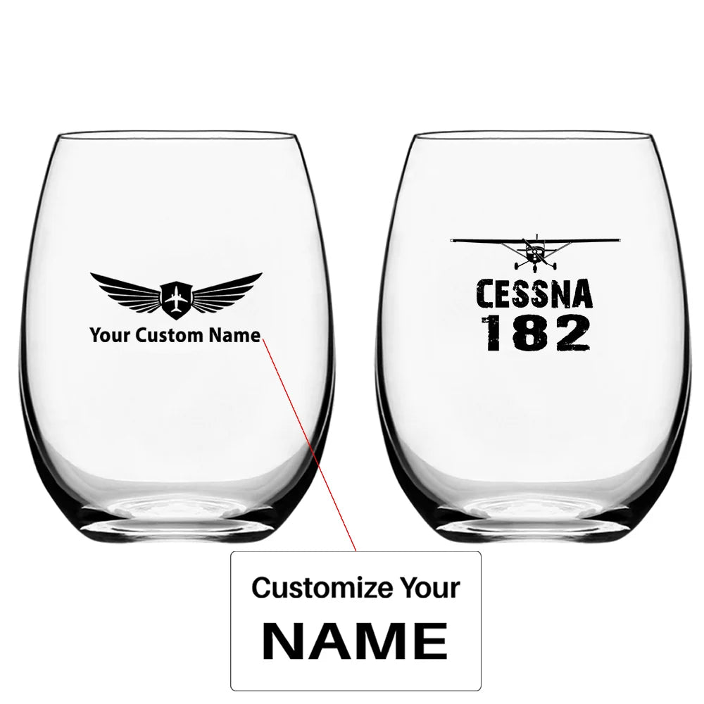 Cessna 182 & Plane Water & Drink aviation design on water glass, crystal-clear premium glassware.
