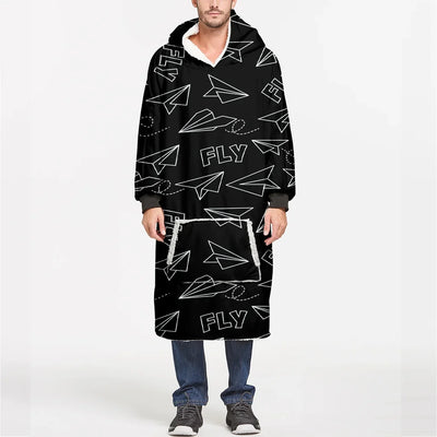 Paper Airplane & Fly Black aviation design on soft fleece blanket hoodie.