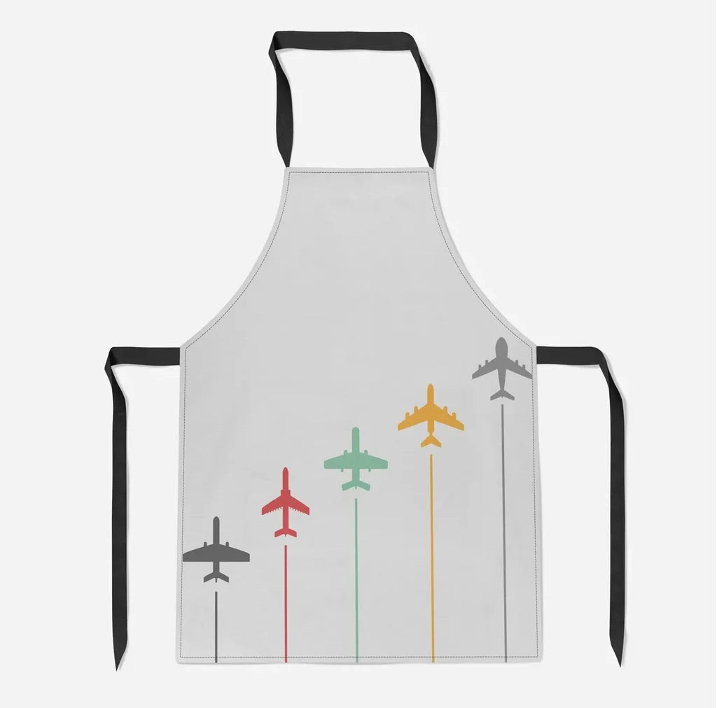 Black & White Super Travel Icons Light Gray aviation design on durable cotton blend kitchen apron.