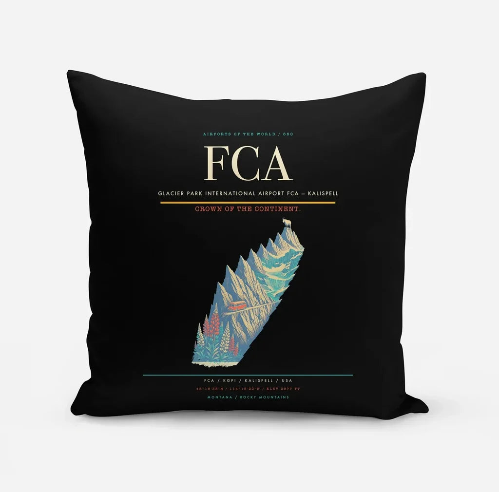Glacier Park International Airport (FCA) design on black pillow