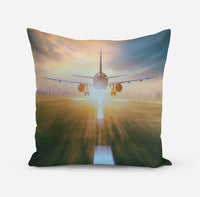 Thumbnail for Airplane Flying Over Runway aviation design on soft polyester filling pillow.