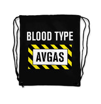Thumbnail for Blood Type AVGAS aviation design drawstring bag, lightweight polyester construction.