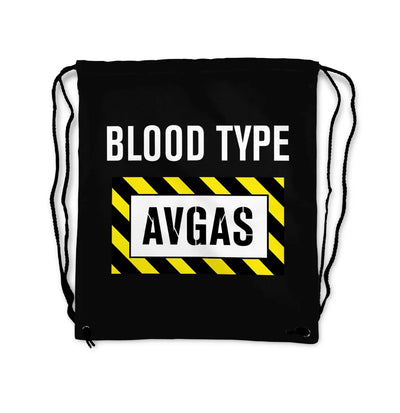 Blood Type AVGAS aviation design drawstring bag, lightweight polyester construction.