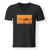 Thumbnail for Close up to Boeing 747 Landing at Sunset aviation design printed on soft cotton V-neck T-shirt.