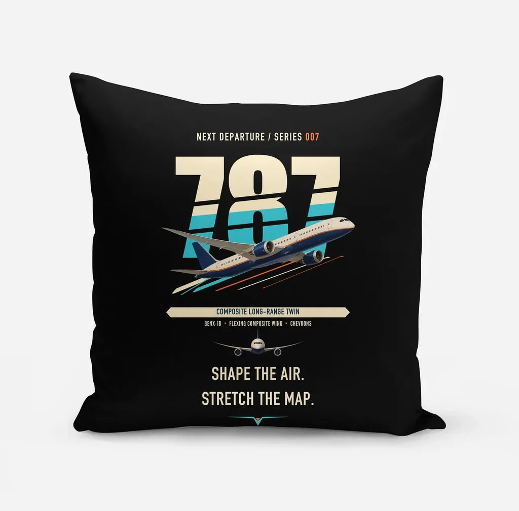 Boeing 787-9 Dreamliner design on black pillow