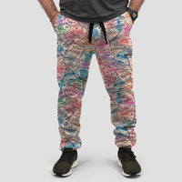 Thumbnail for Passport Stamps aviation design on soft cotton blend 3D-printed sweatpants.
