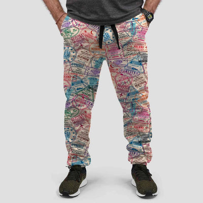 Passport Stamps aviation design on soft cotton blend 3D-printed sweatpants.