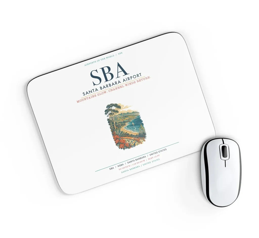 Santa Barbara Airport (SBA) design on white rectangle mouse pad